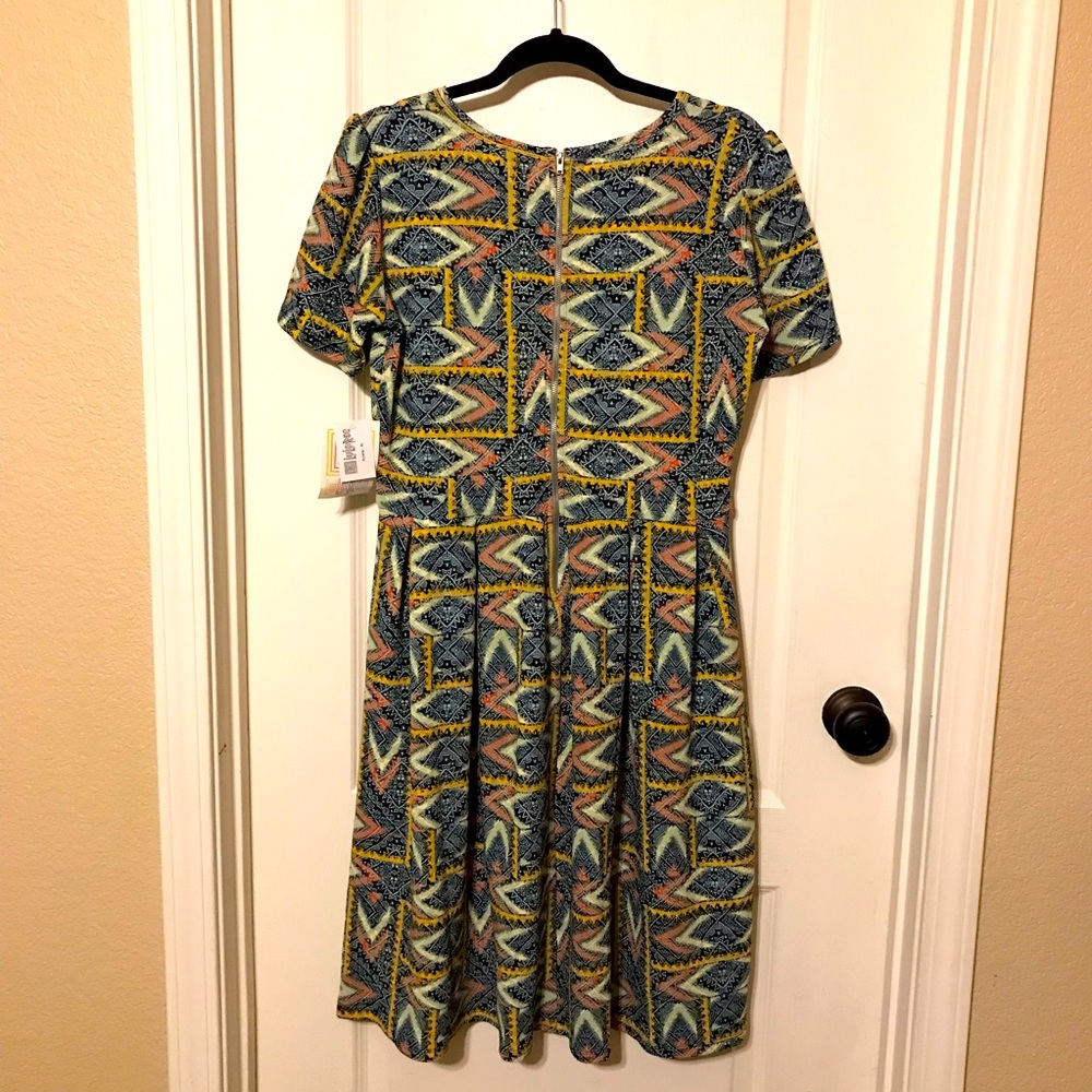 LuLaRoe-Amelia dress, multi color green short sleeves, back zipper, size XL.